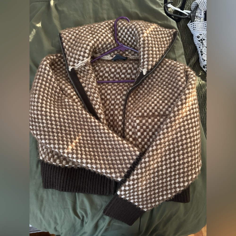 Zara Brown Checkered Zip up sweater